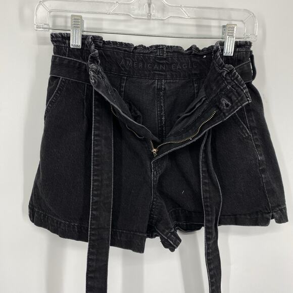 American Eagle Denim Paper Bag Mom Shorts Women size 0 Black Tie Waist Stretch - Picture 5 of 10